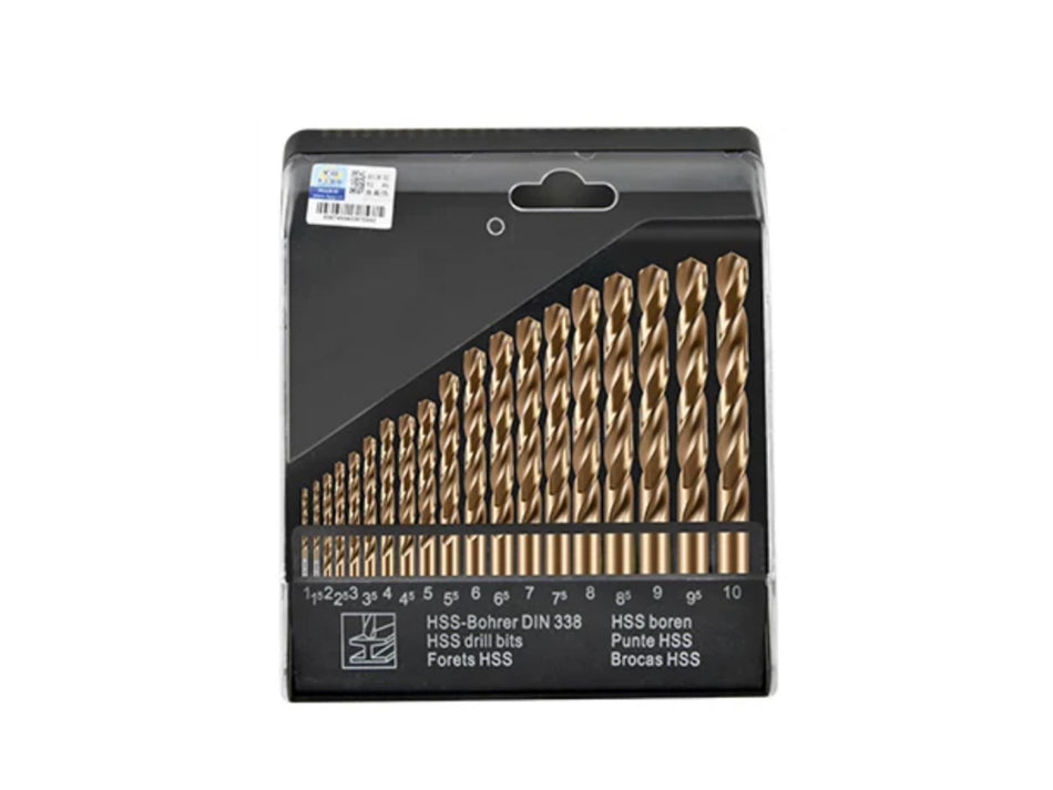TG fúrókészlet, 19 részes, 1–10 mm, HSS-Co5 M35, rozsdamentes acélhoz