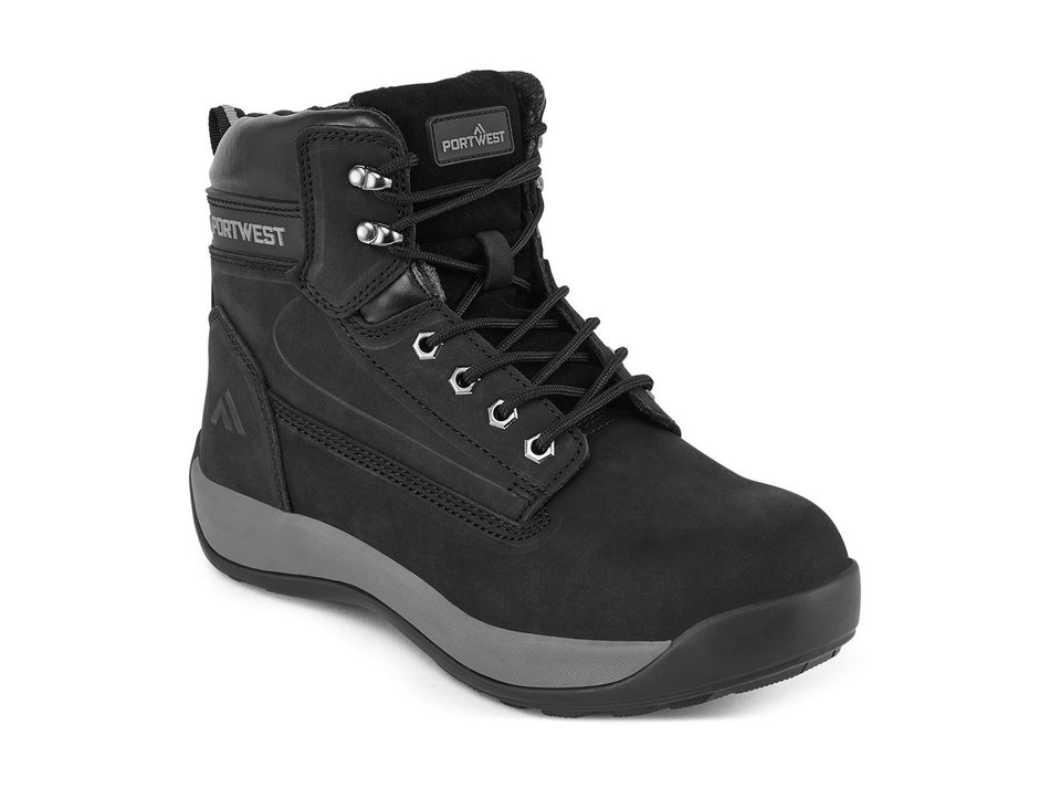 Portwest Safety Mid Boot S3 HRO, Water-Resistant Full-Grain Nubuck Leather, Steel Toecap & Midsole, 300°C Rubber Outsole – FW32