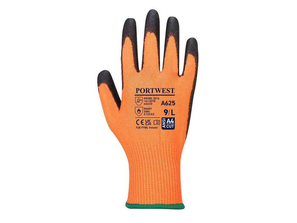 Portwest Schnittschutzhandschuh D13 PU Viz-Tex, Schnittschutzlevel D, PU-beschichtetes HPPE-Innenfutter, Kontaktwärme Level 1 – A625