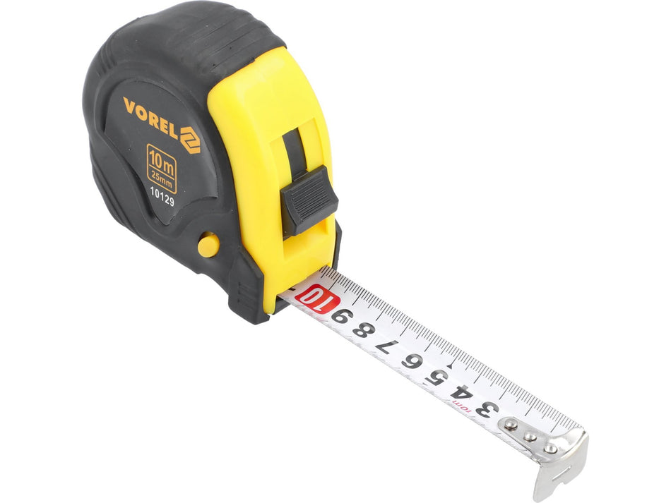 VOREL Maßband, 10 m × 25 mm, Stahlband, fester Haken, gummibeschichtetes Gehäuse – 10129