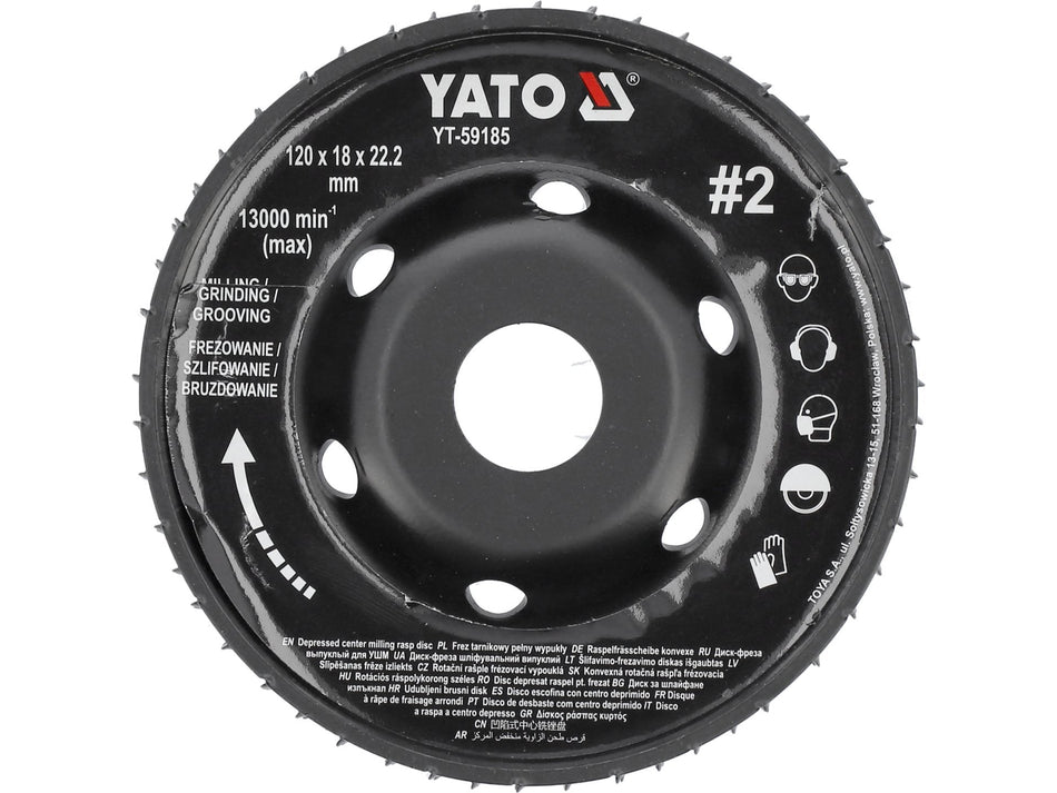 YATO Milling Rasp Wheel for Angle Grinders, Convex Profile 120x18 mm, Cut Grade 1/2