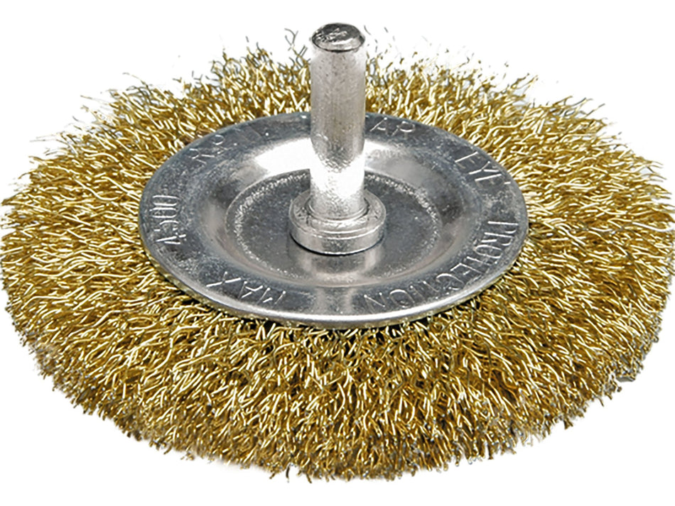VOREL Wire Wheel Brush, Brass-Plated Crimped Wire, 75 mm, 6 mm Shank – 06985