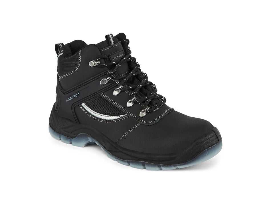 Portwest Safety Hiker Boot, Leather, Steel Toe Cap, S3 SR FO, 360 Degree Rubber Ankle Support – FW69