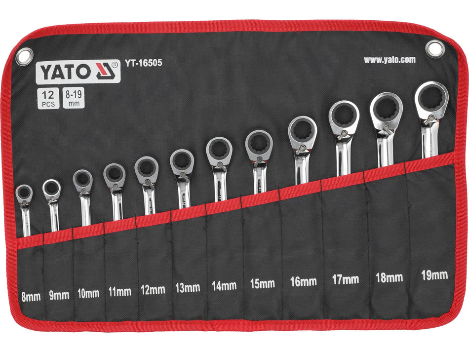 YATO Ratchet Combination Spanner Set, 12 Piece, 72 Teeth, CrV Steel with Case - YT-16505
