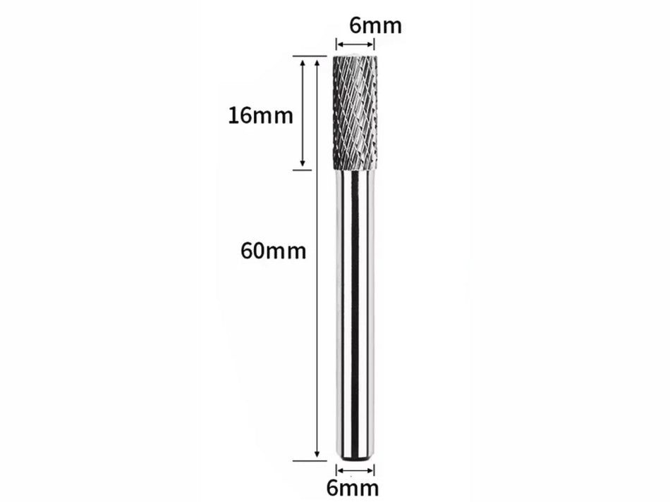 TG Volfrámkarbid hengeres végvágó forgó sorjázó, Kettős élű, 6 mm-es szár, 6x16/8x20 mm-es fej