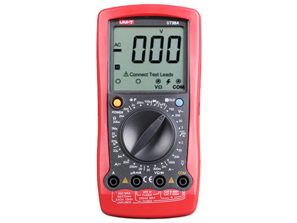 UNI-T Digitalmultimeter, 2000 Counts, 1000 V, 20 A, Kapazitäts- und Transistortest – UT58A
