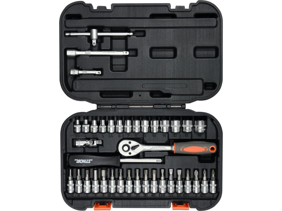 STHOR 1/4" STECKSCHLÜSSEL- UND BIT-SATZ MIT RATSCHE – 38/42/56-TEILIG