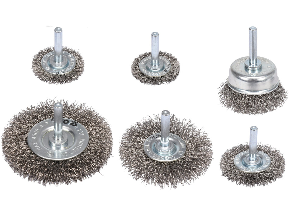 YATO Wire Wheel & Cup Brush, Stainless Steel (INOX) Crimped Wire, Set, 6 pcs, 6 mm Shank – YT-47593