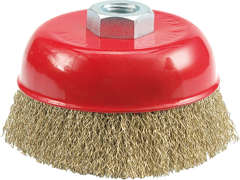 VOREL Cup Brush, Brass-Plated Crimped Wire, 100 mm, M14 Thread – 06971