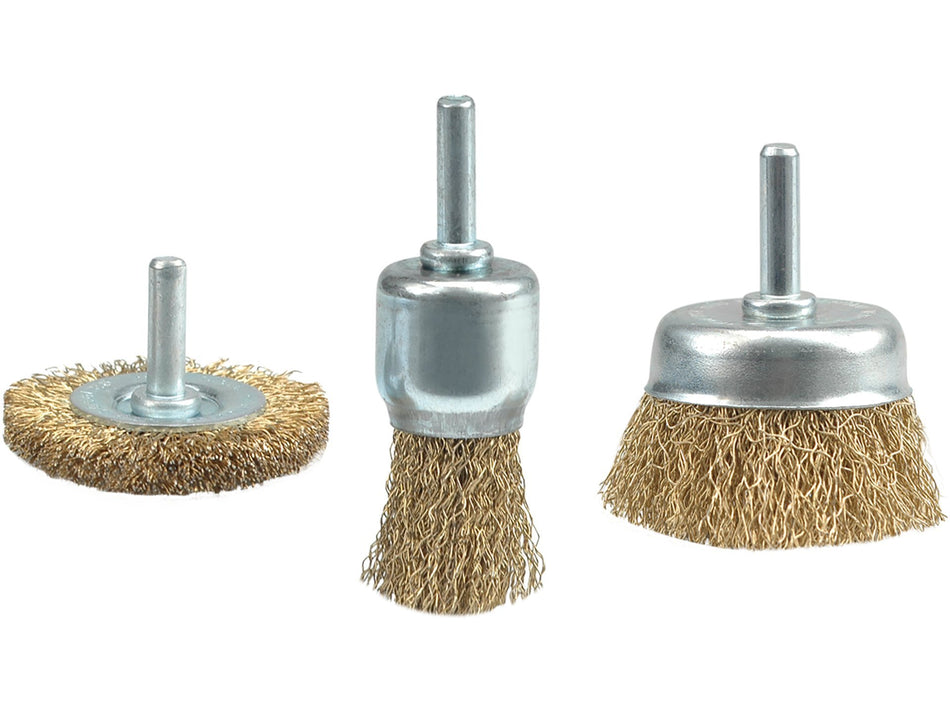 VOREL Cup & Wire Wheel Brush, Brass-Plated Crimped Wire, Set, 3 pcs, 6 mm Shank – 06989
