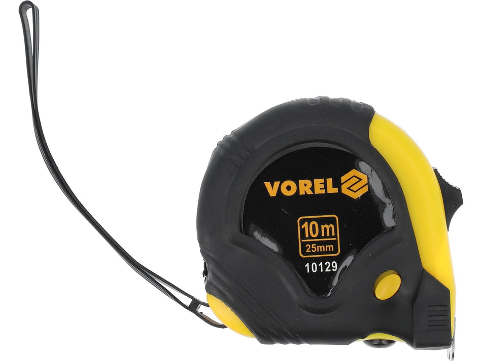 VOREL Maßband, 10 m × 25 mm, Stahlband, fester Haken, gummibeschichtetes Gehäuse – 10129