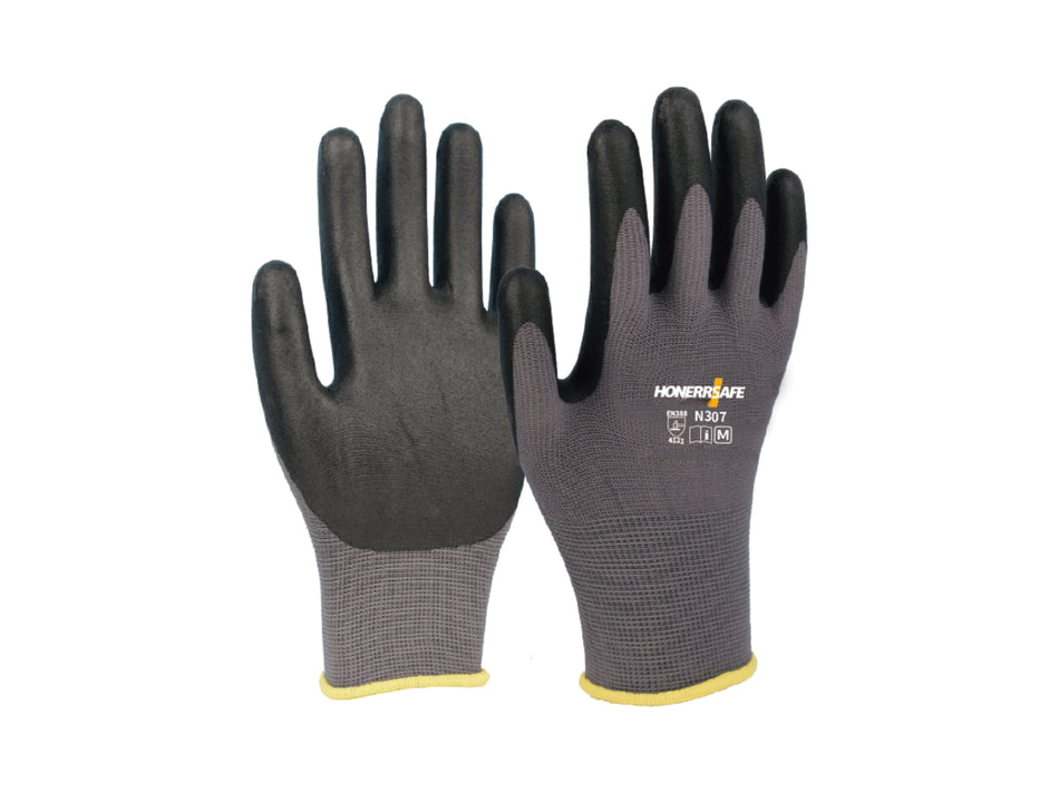HONERRSAFE Foam Nitrile-Coated Gloves, 1 Pair, 15-Gauge Nylon and Elastane, Touchscreen Compatible – N307L
