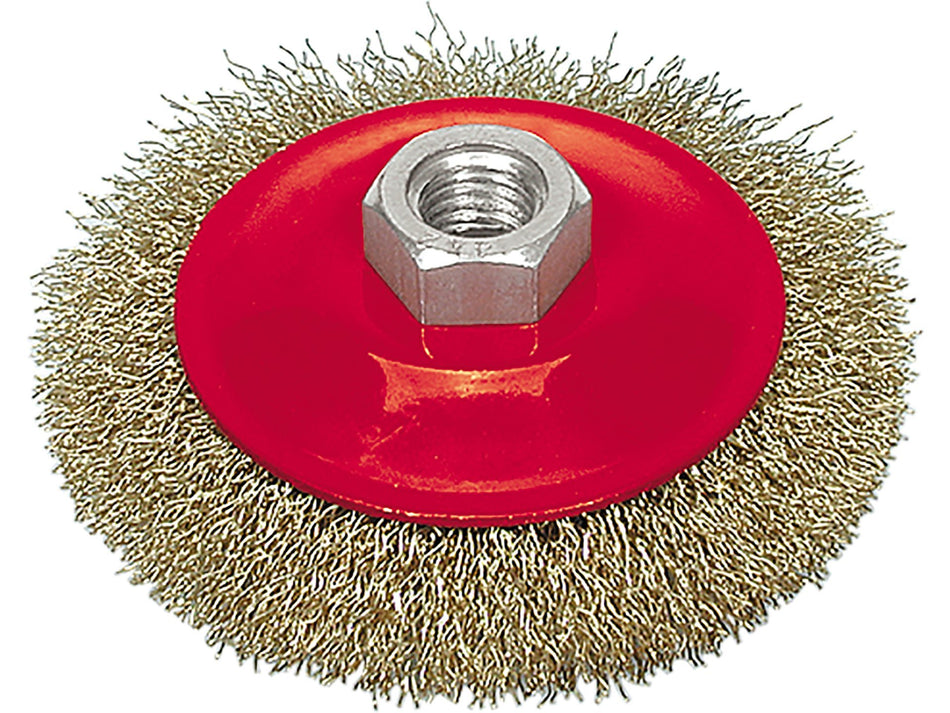 VOREL Wire Wheel Brush, Brass-Plated Crimped Wire, 115 mm, M14 Thread – 06973