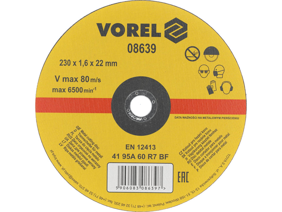 VOREL Abrasive Metal Cutting Disc, 230x22 mm, 1.6 / 2.5 mm