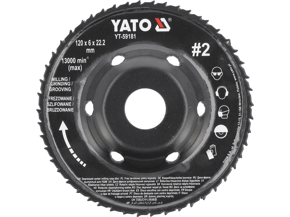YATO Milling Rasp Wheel for Angle Grinders, Convex Profile 120x6 mm, Cut Grade 1/2
