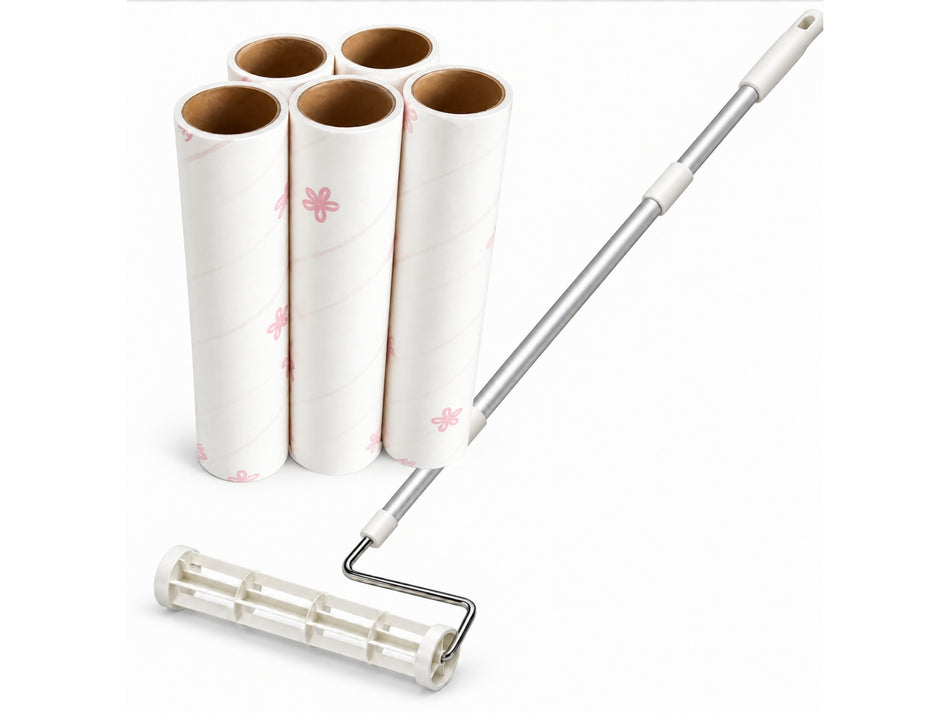 PERIPLUS Kleiderroller-Set, 5 Rollen, 22 cm Halterung, 1,2 m Teleskopstange