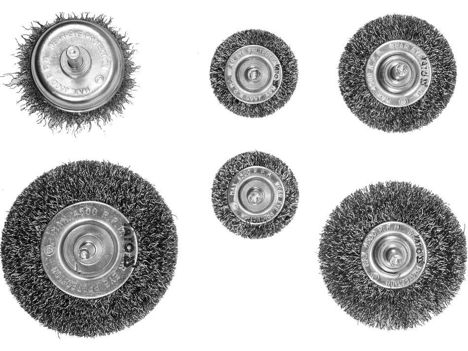 YATO Wire Wheel & Cup Brush, Stainless Steel (INOX) Crimped Wire, Set, 6 pcs, 6 mm Shank – YT-47593