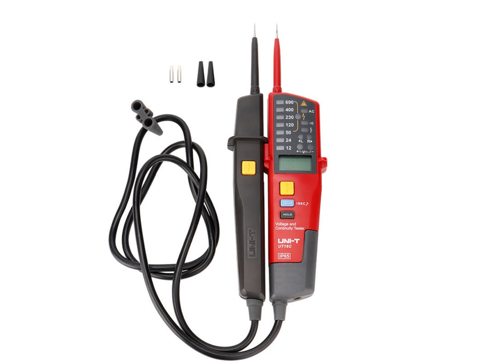 UNI-T Zwei-Pol Spannungs- und Durchgangsprüfer, 12-690 V, IP65, LED & LCD – UT18C