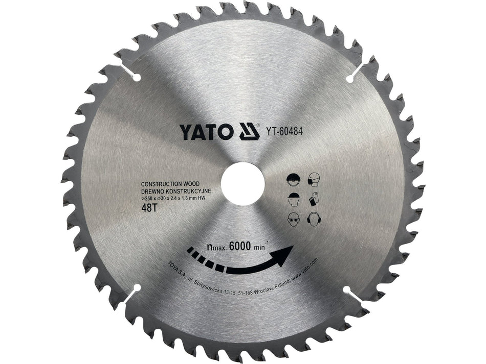 YATO TCT Circular Saw Blade for Construction Wood, 250x30 mm, 48T – YT-60484