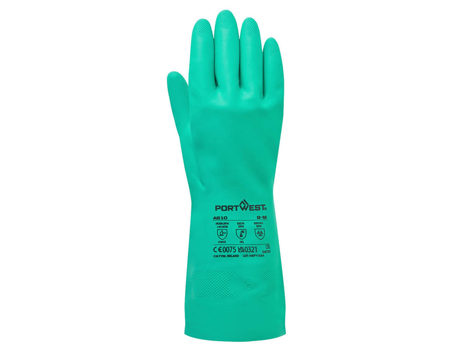 Portwest Chem 320 Nitrile Gauntlet, Chemical Resistant, Textured Grip & Flock Lining – A810