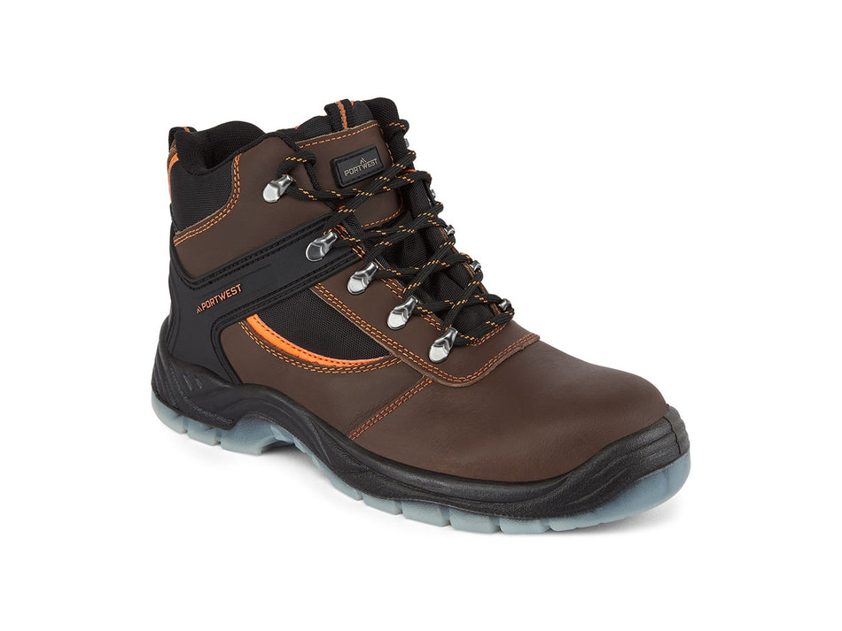 Portwest Safety Hiker Boot, Leather, Steel Toe Cap, S3 SR FO, 360 Degree Rubber Ankle Support – FW69
