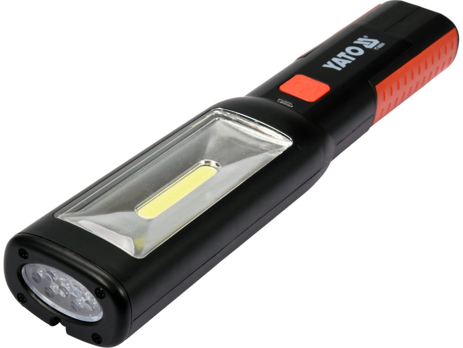 YATO újratölthető COB LED-es műhelylámpa, 3 W, 250 lm, mágnesekkel és elforgatható akasztókkal – YT-08504