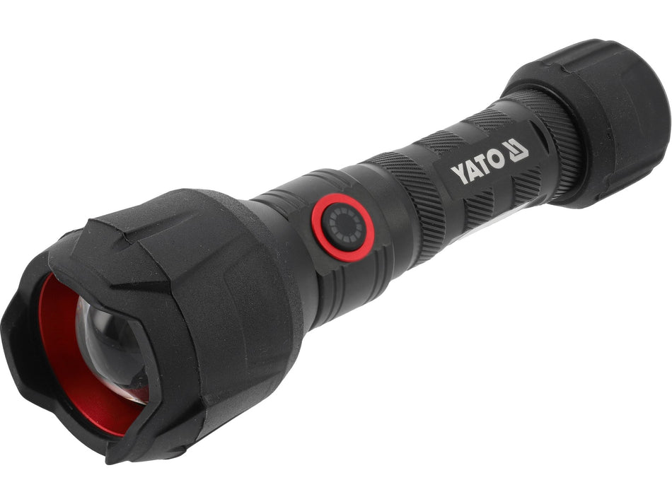 YATO újratölthető LED-es zseblámpa, 1000 lm, USB-C töltés, állítható fénysugár és gumírozott markolat – YT-085614