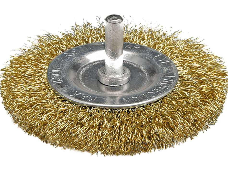 VOREL Wire Wheel Brush, Brass-Plated Crimped Wire, 100 mm, 6 mm Shank – 06986