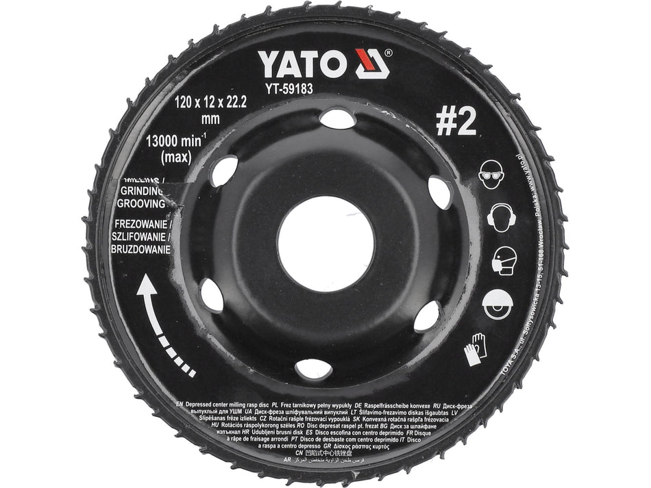 YATO Milling Rasp Wheel for Angle Grinders, Convex Profile 120x12 mm, Cut Grade 1/2