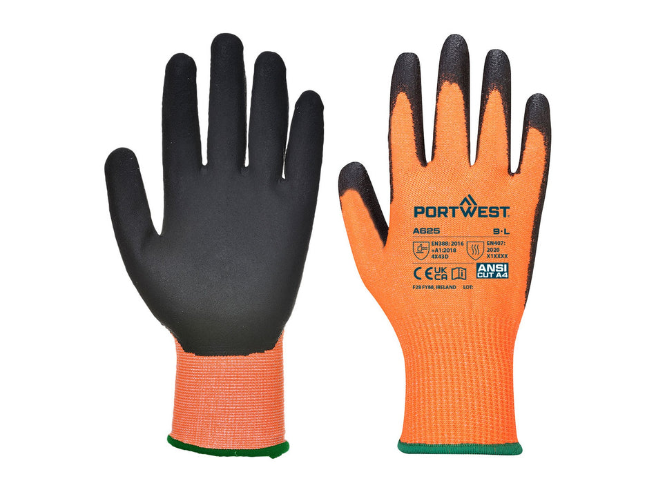 Portwest Schnittschutzhandschuh D13 PU Viz-Tex, Schnittschutzlevel D, PU-beschichtetes HPPE-Innenfutter, Kontaktwärme Level 1 – A625