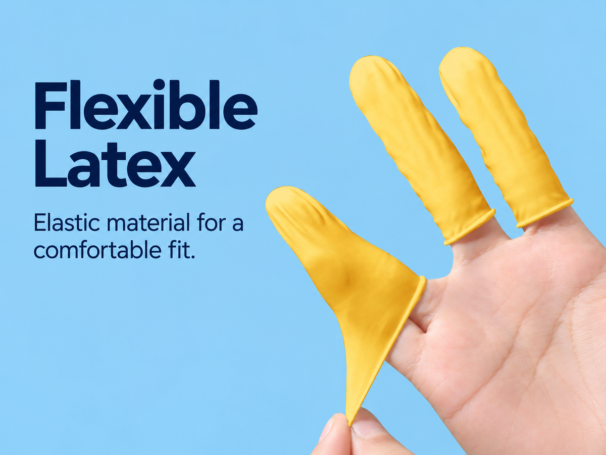 Yellow latex finger cots demonstrating a flexible fit