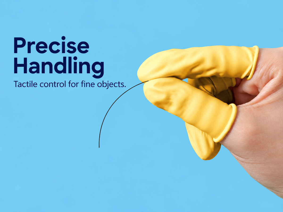 Yellow latex finger cots gripping a fine strand