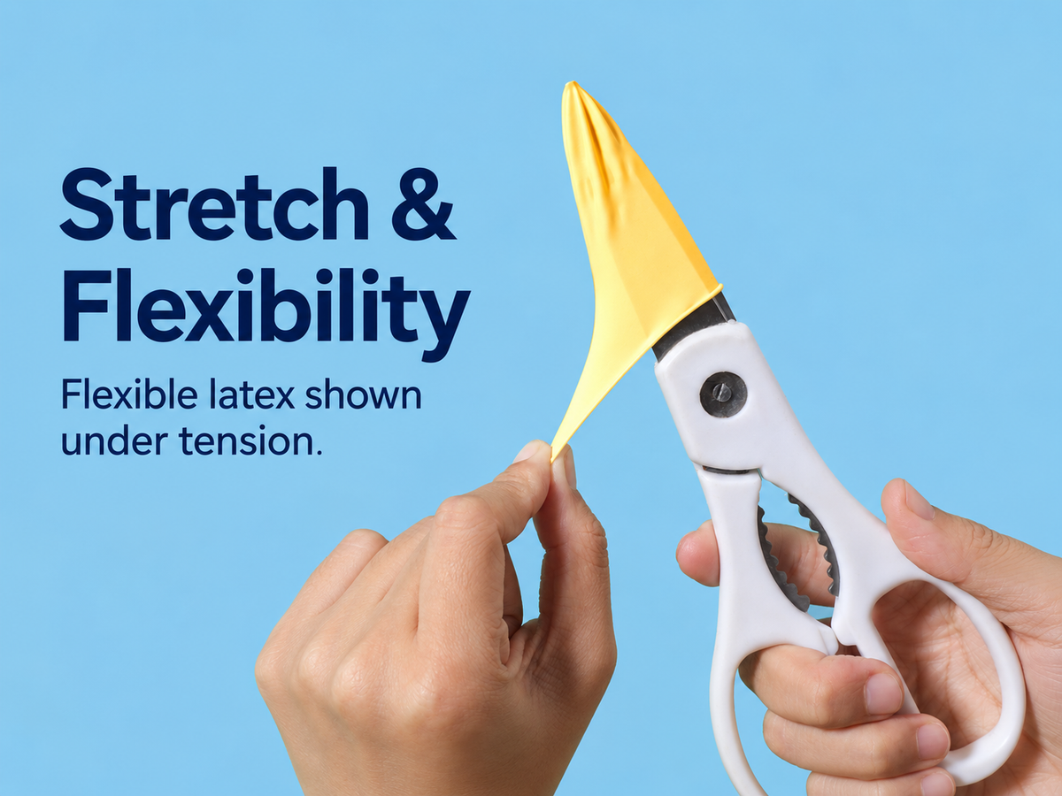Supplier demonstration of latex stretched over scissors