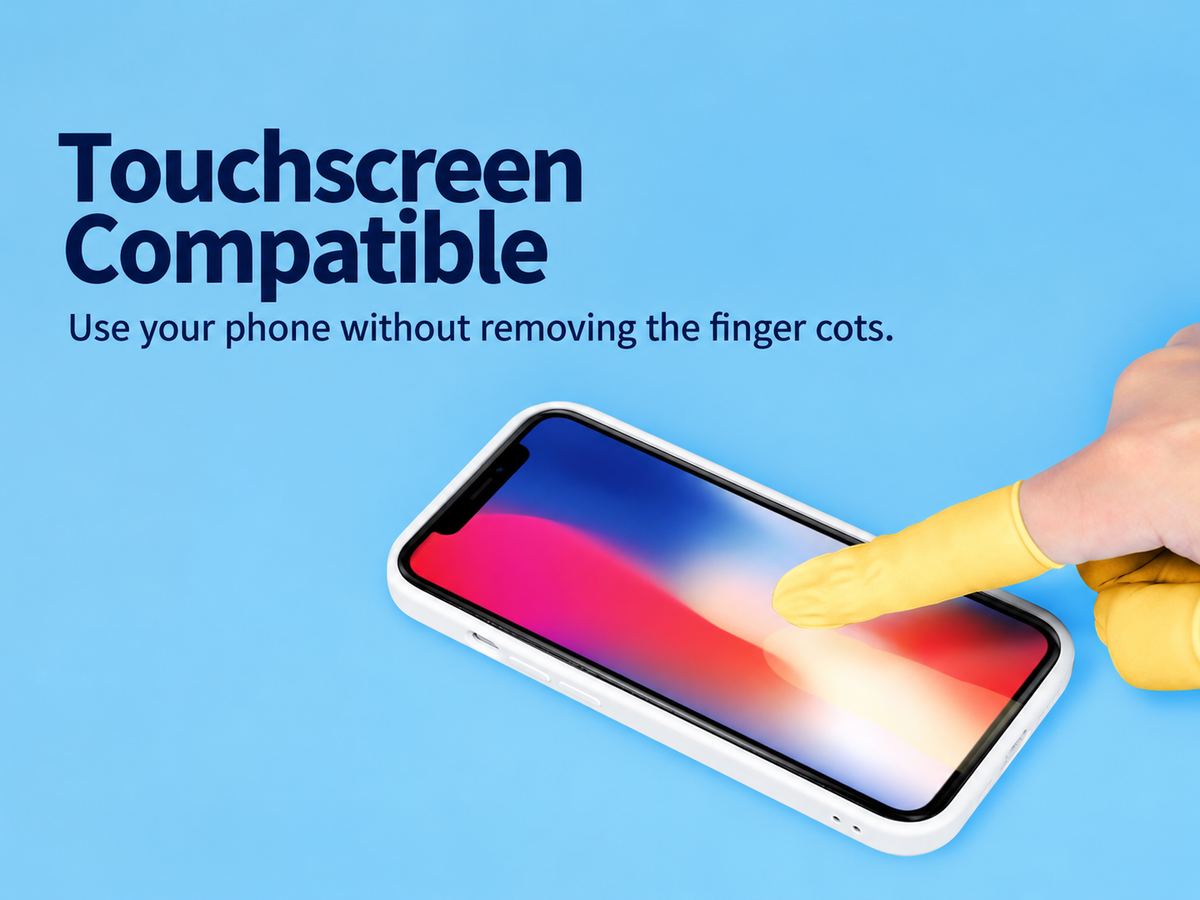 Yellow latex finger cot operating a smartphone touchscreen