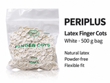 White latex finger cots in the supplied 500 g packaging