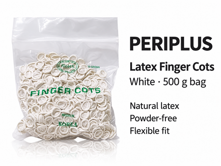 White latex finger cots in the supplied 500 g packaging
