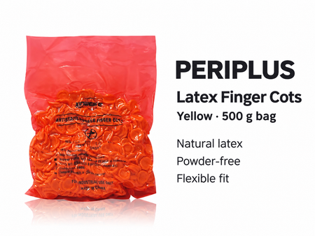Yellow latex finger cots in the supplied 500 g packaging